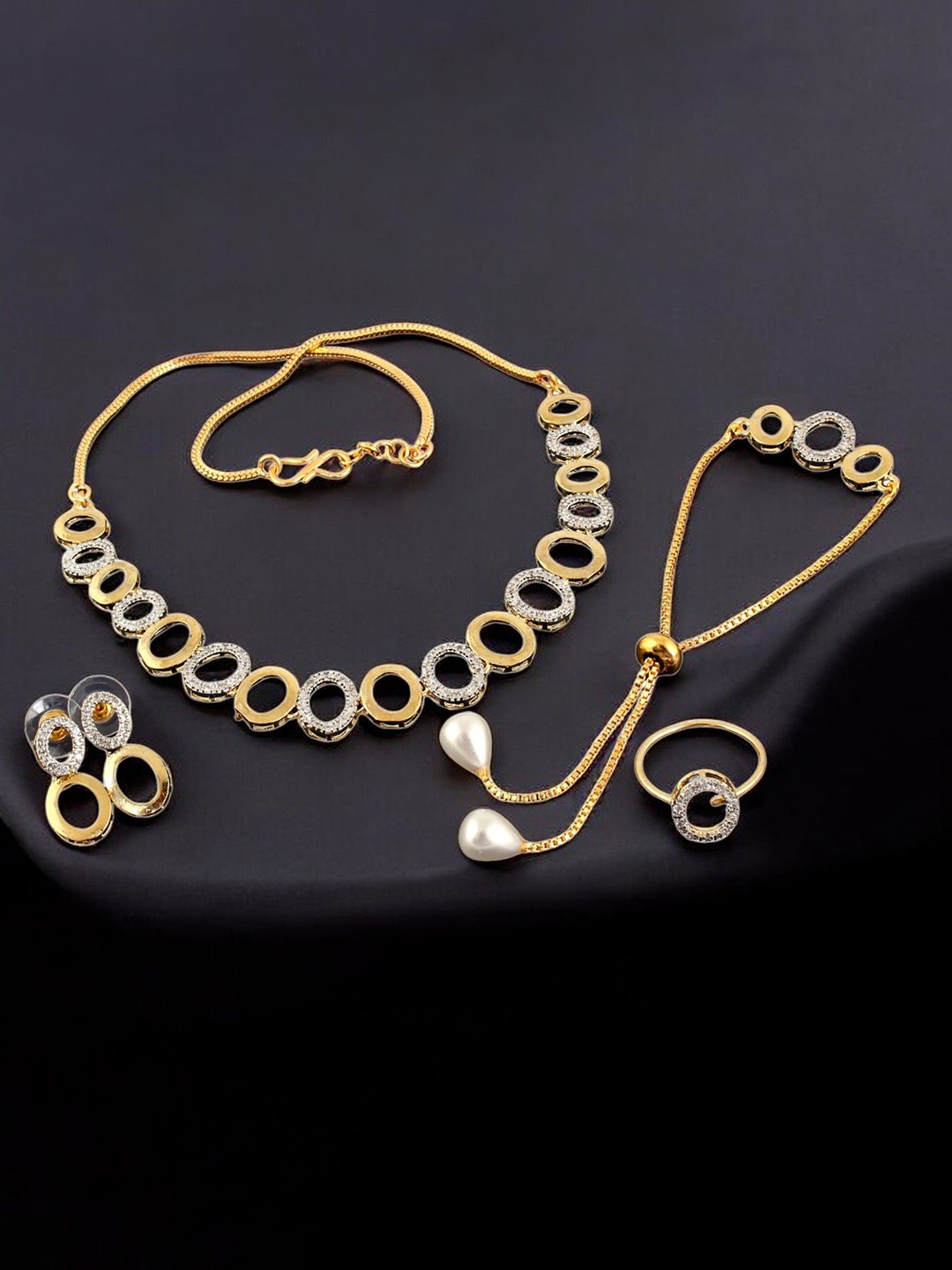 

LUCKY JEWELLERY 18KT Gold-Plated American Diamond Studded Jewellery Set