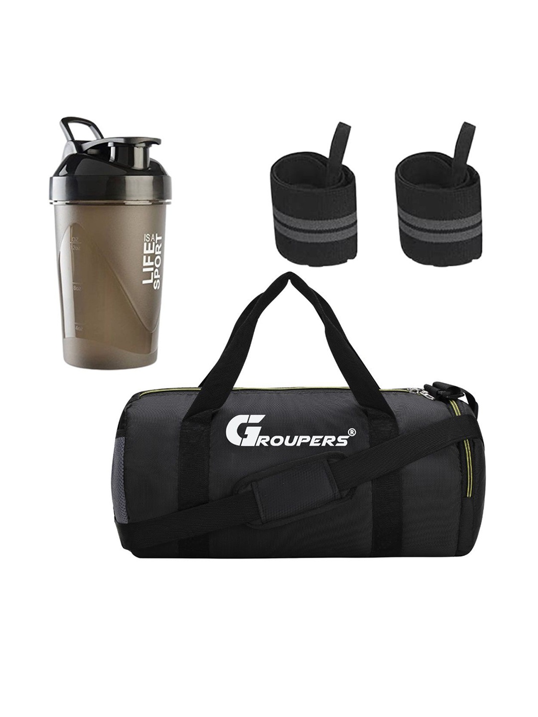 

GROUPERS Medium Foldable Sports Duffel Bag With Shaker Bottle & Wrist Band, Black