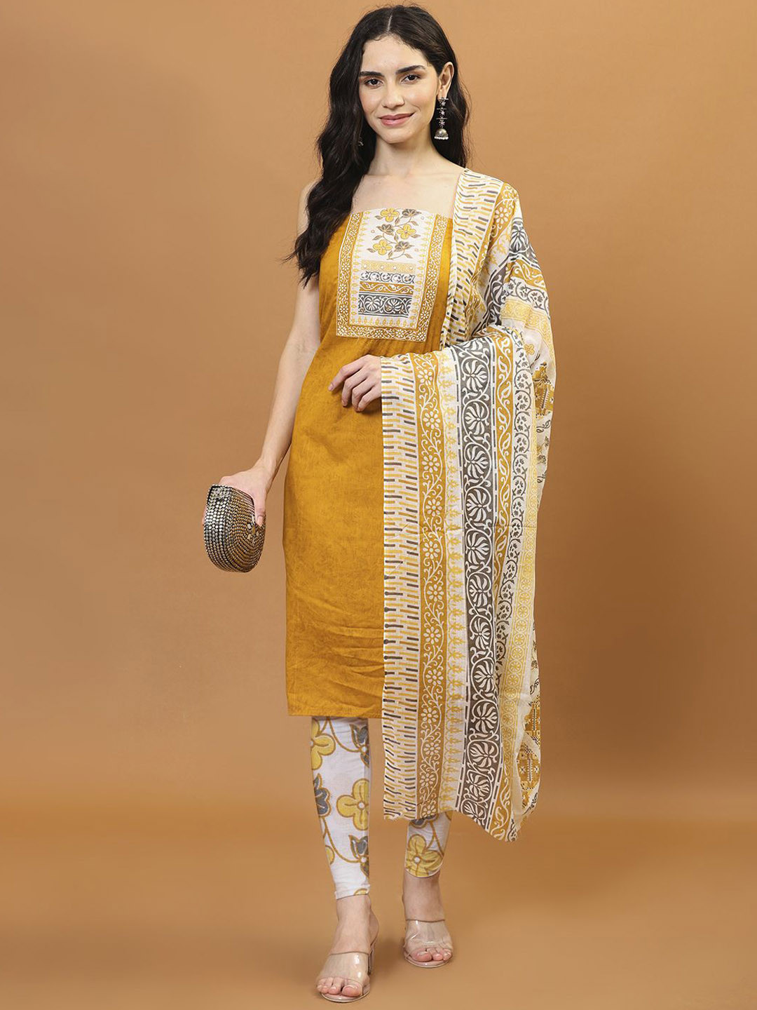 

Meena Bazaar Unstitched Dress Material, Mustard