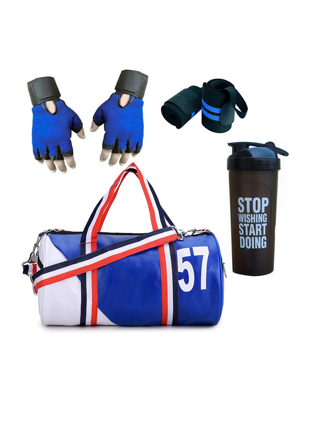 

GROUPERS Medium Foldable Sports Duffel Bag With Gloves Shaker Bottle & Wrist Bag, Blue