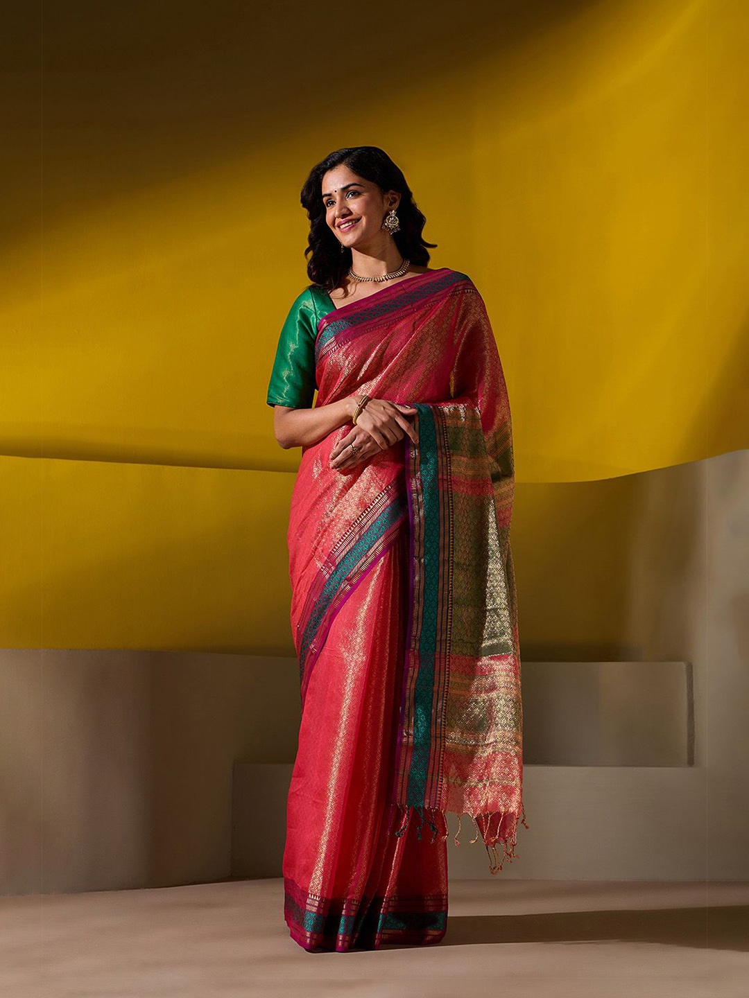 

Taneira Woven Design Zari Silk Cotton Maheshwari Saree, Pink