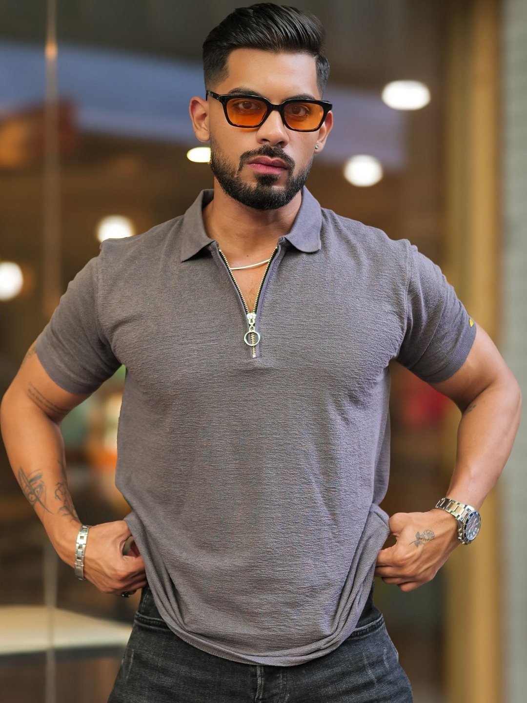 

Maniac Men Solid Polo Collar Cotton Slim Fit T-shirt, Grey
