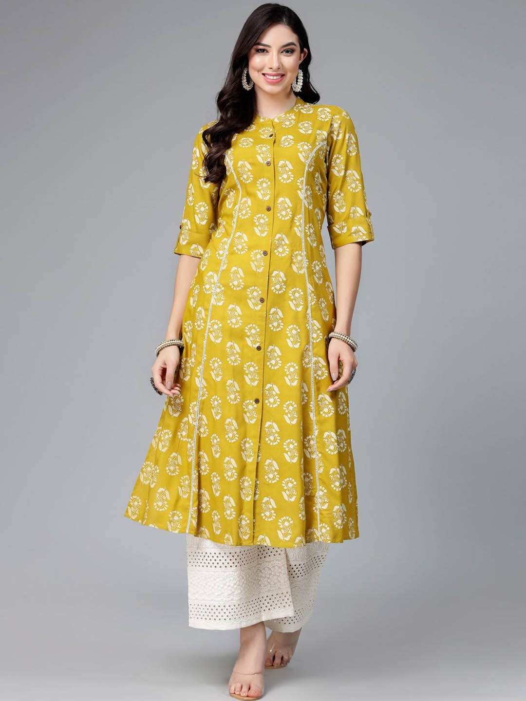 

Stylum Floral Printed Mandarin Collar A-Line Kurta, Lime green