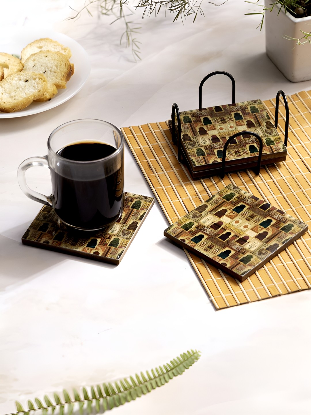 

DULI Brown & Maroon 4 Pieces Printed Wooden Square Coasters With Stand