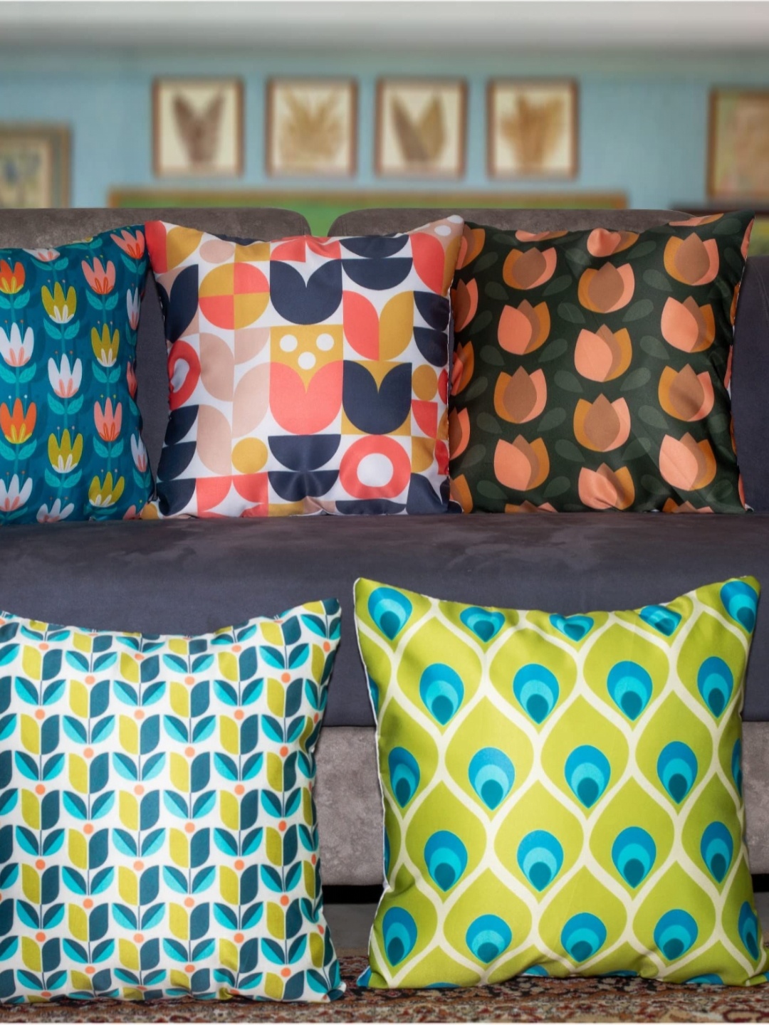 

Vendola Blue & Green 5 Pieces Floral Printed Satin Square Cushion Covers