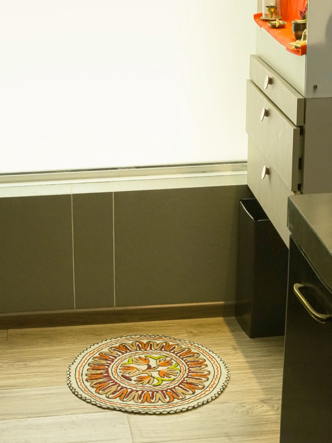 

Swadeh White & Orange Floral Embroidered Round Floor Mat