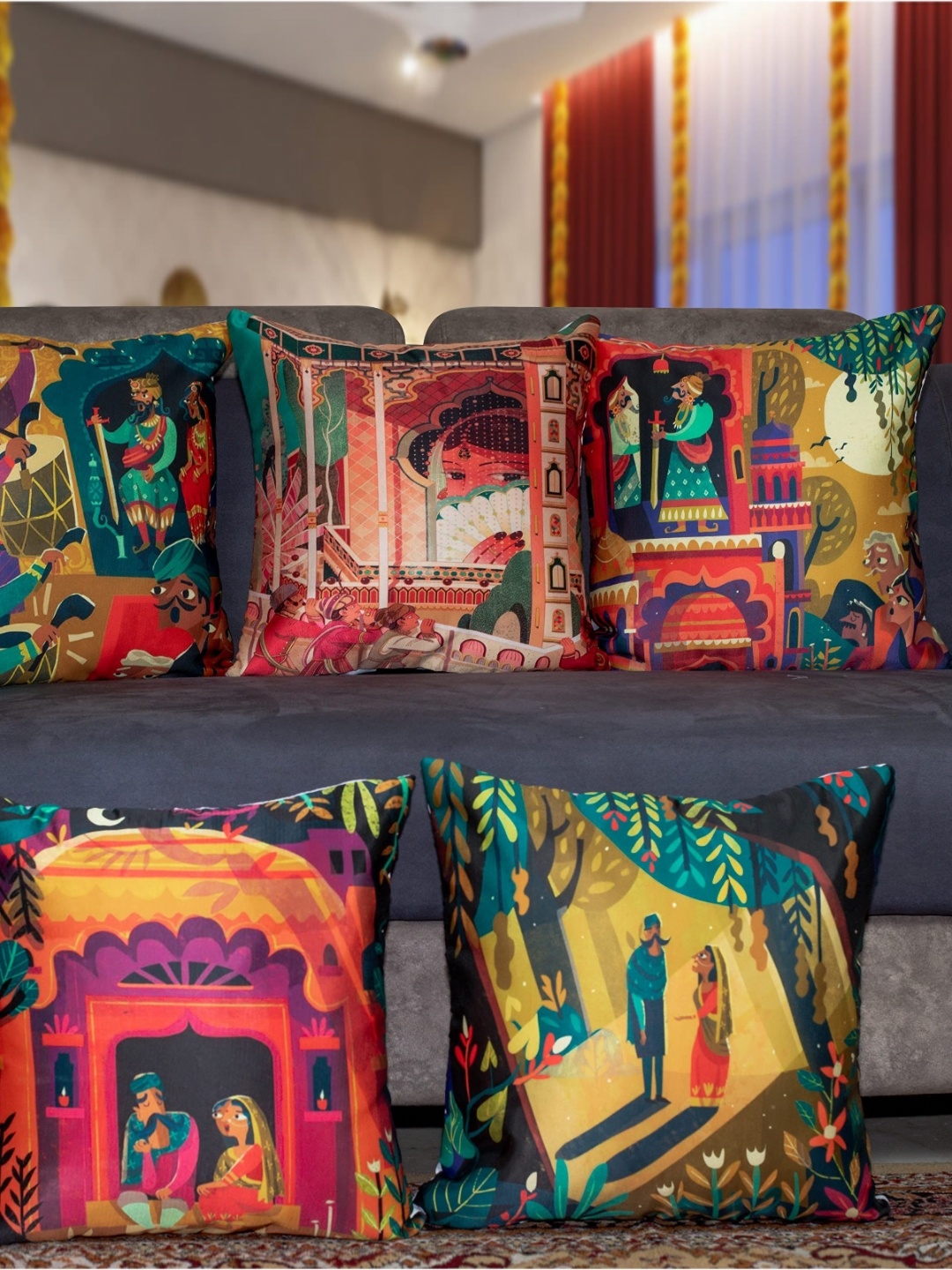 

Vendola Green & Yellow 5 Pieces Ethnic Motifs Printed Satin Square Cushion Covers