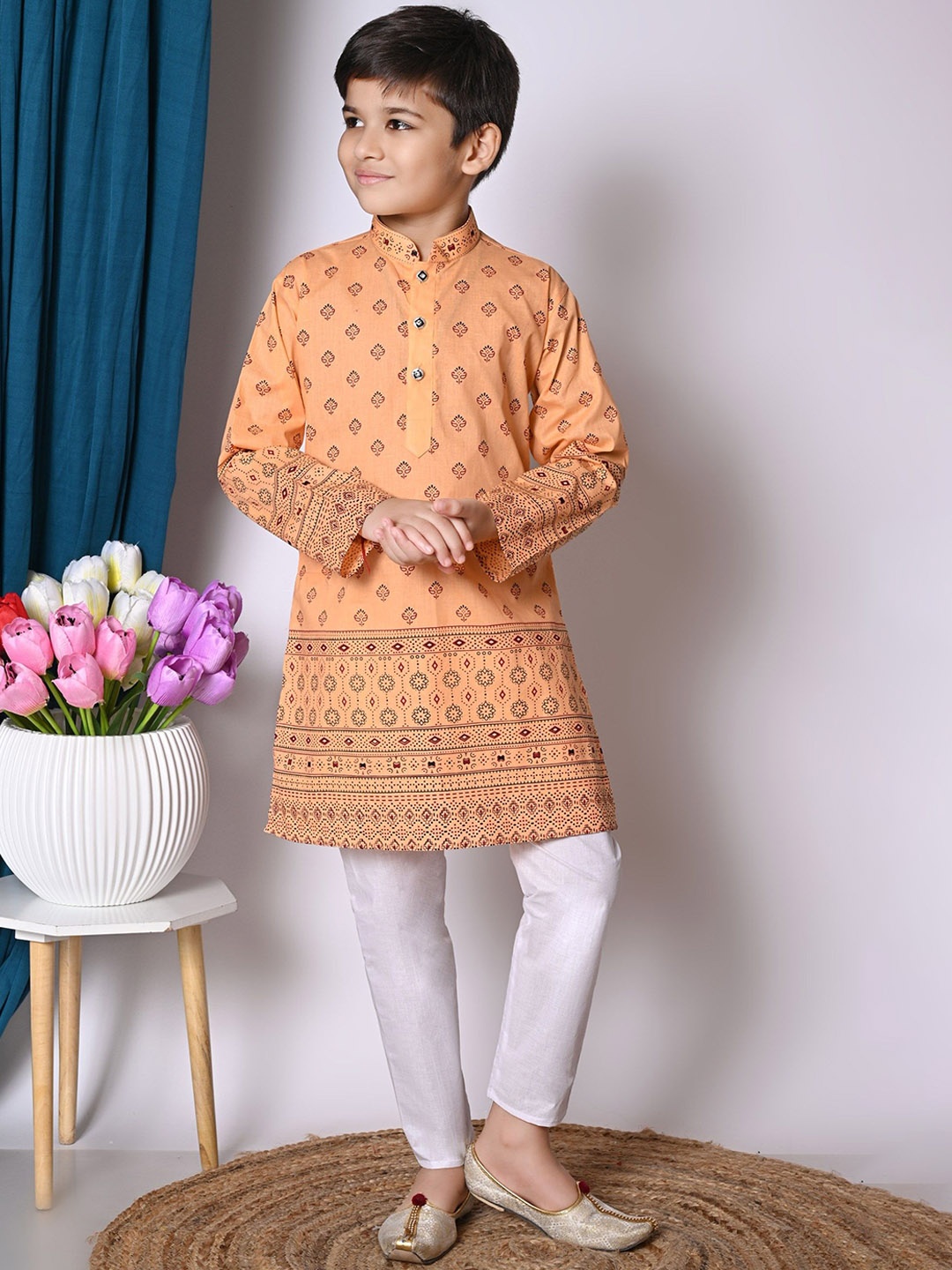 

BAESD Boys Printed Regular Pure Cotton Kurta with Pyjamas, Peach