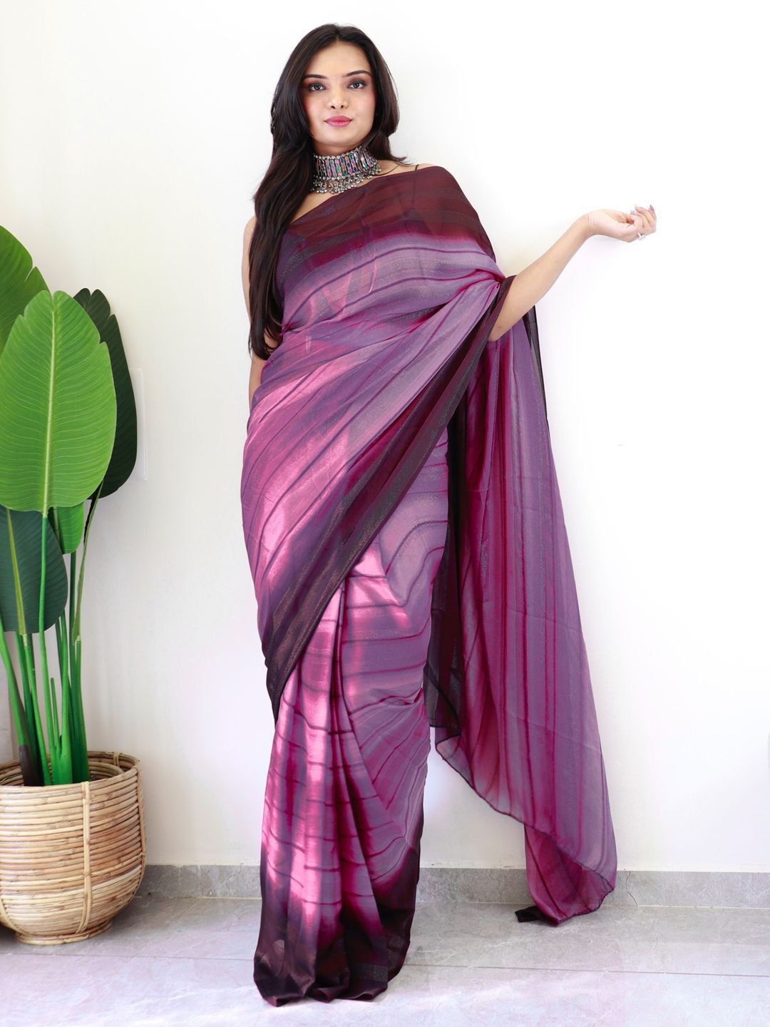 

Mitera Striped Ready to Wear Saree, Purple