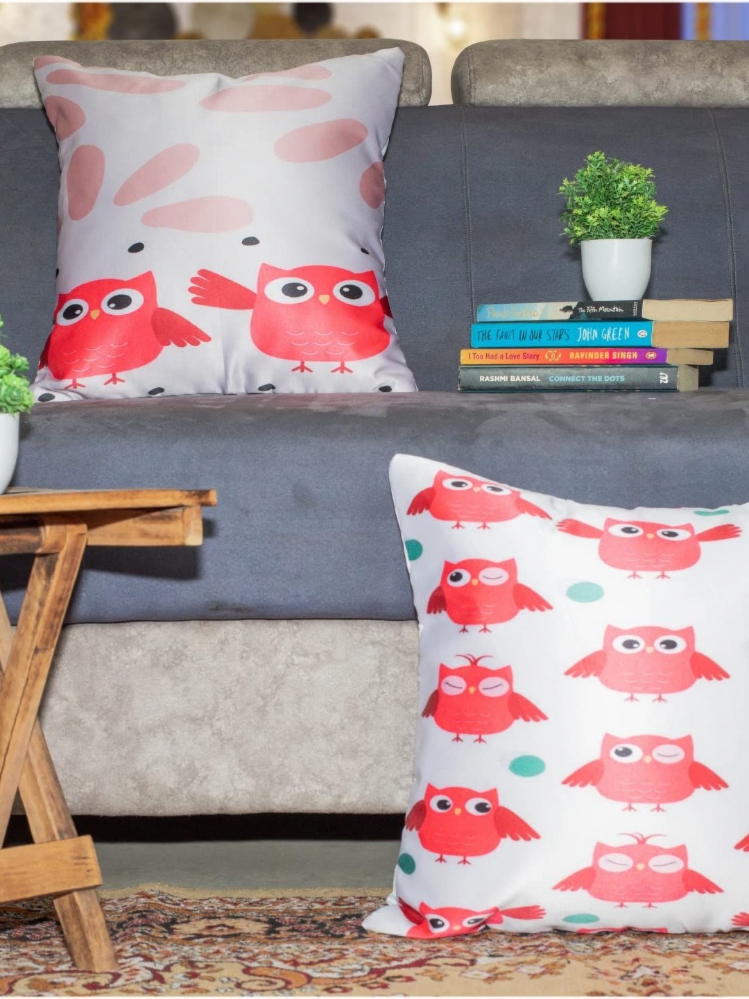 

Vendola Red & White 2 Pieces Cartoon Characters Satin Square Cushion Covers