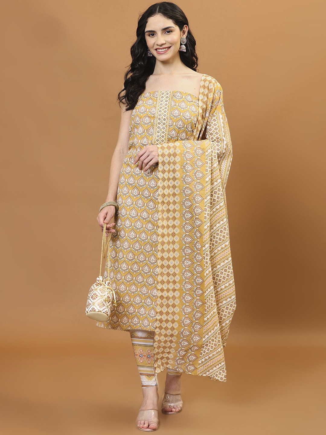 

Meena Bazaar Printed Unstitched Dress Material, Mustard
