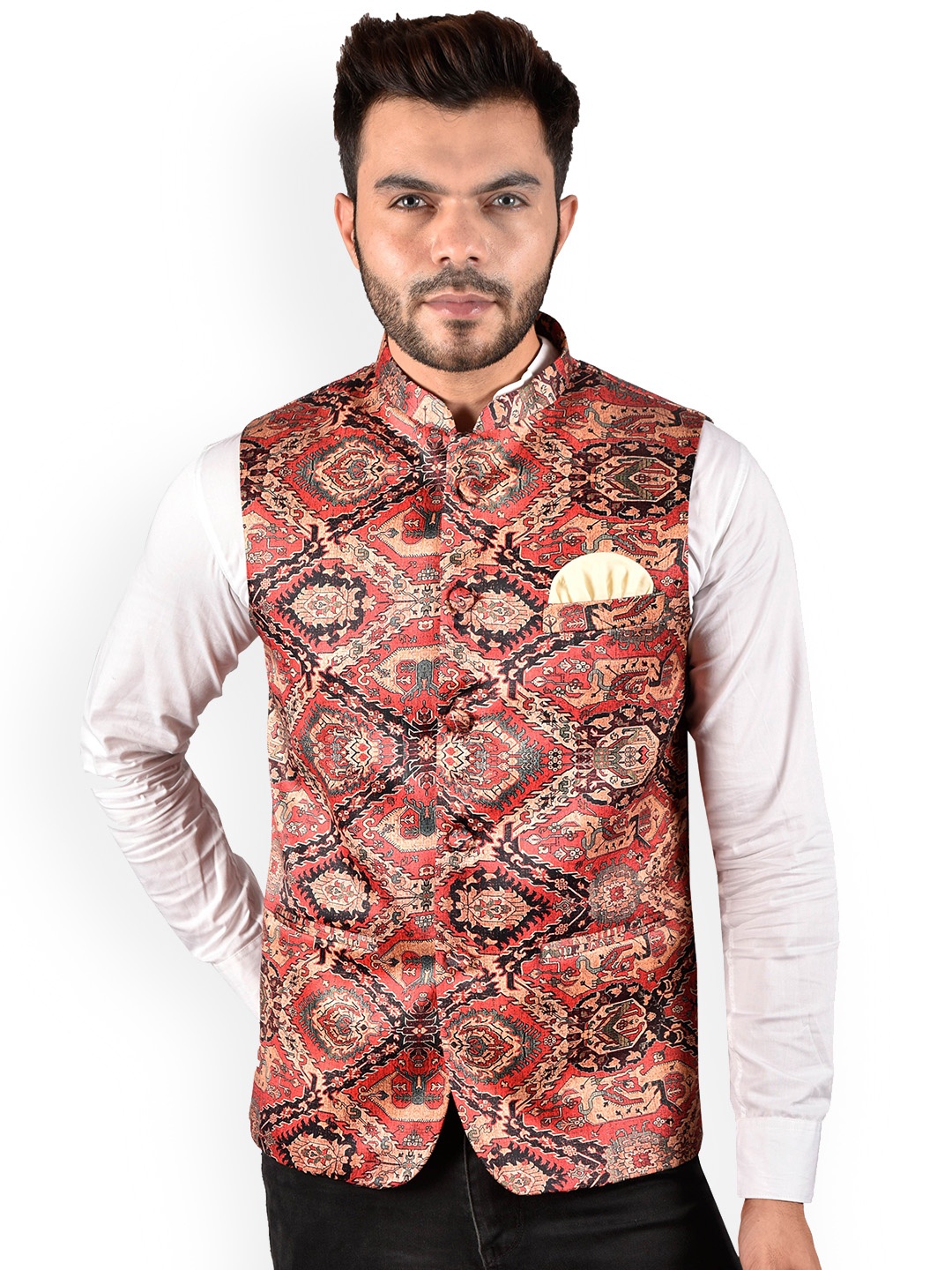 

PRINTCULTR Printed Woven Nehru Jacket, Red