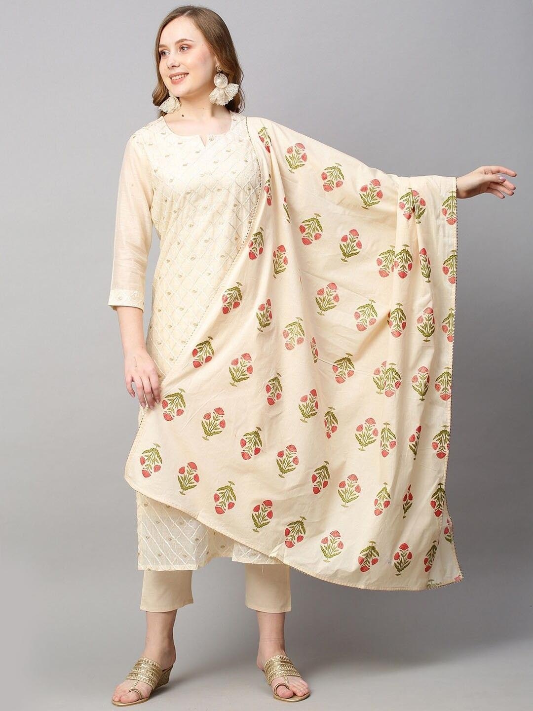 

GoSriKi Women Floral Embroidered Regular Kurta with Trousers & With Dupatta, Cream