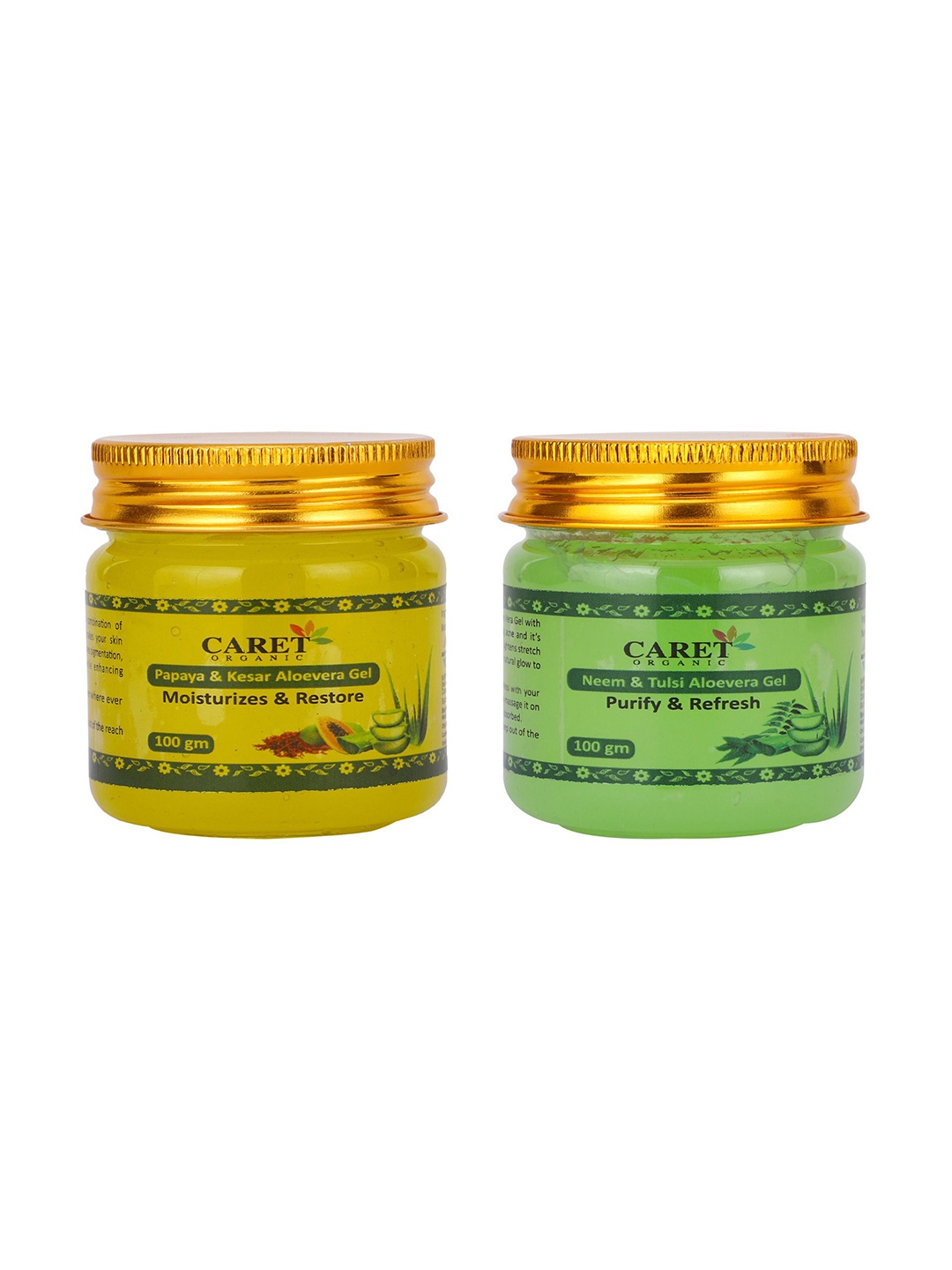 

CARET ORGANIC Set Of 2 Papaya Kesar Aloevera Gel & Neem Tulasi Aloevera Gel- 100 g Each, Yellow