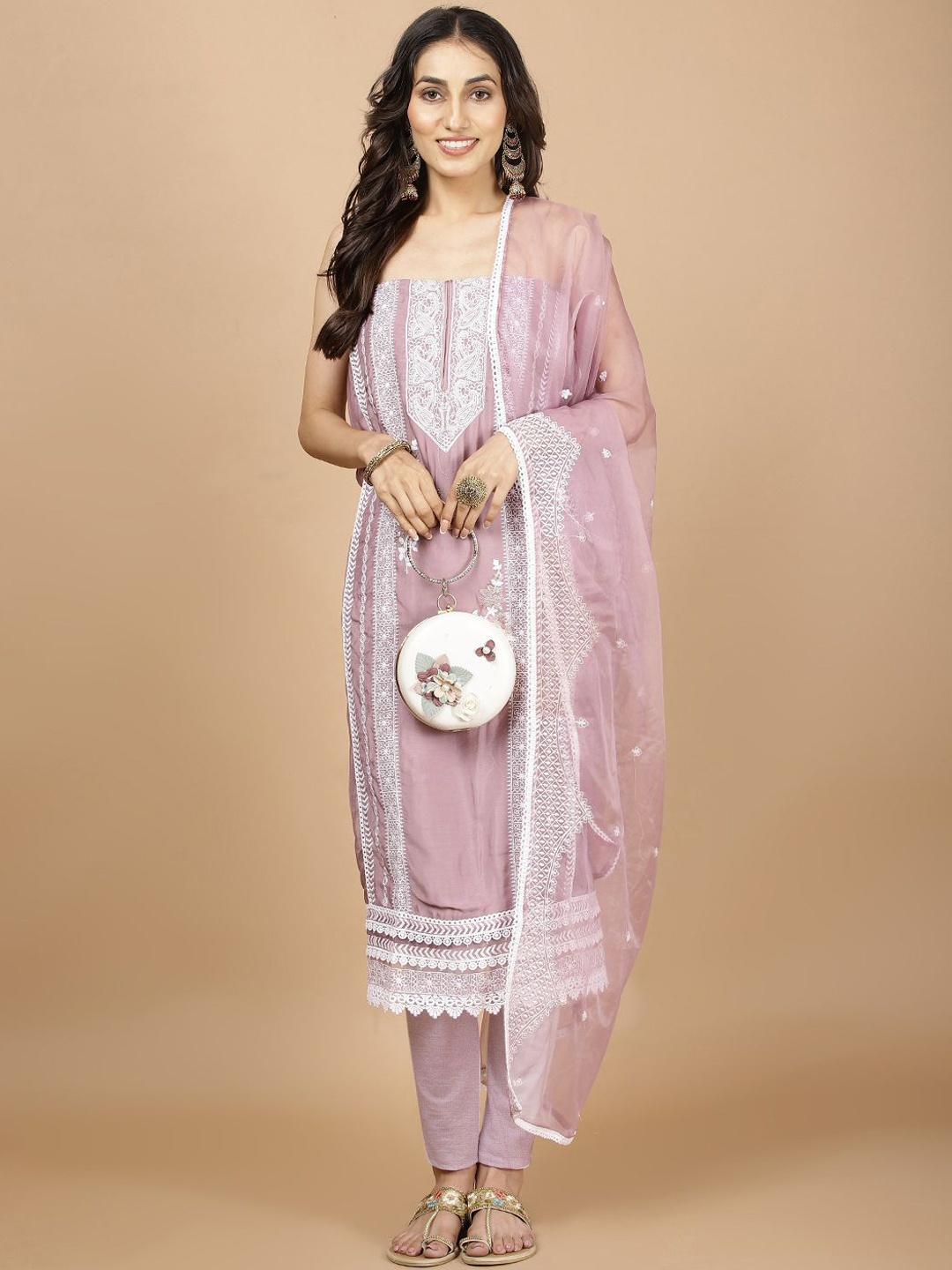 

Meena Bazaar Floral Embroidered Thread Work Unstitched Dress Material, Purple