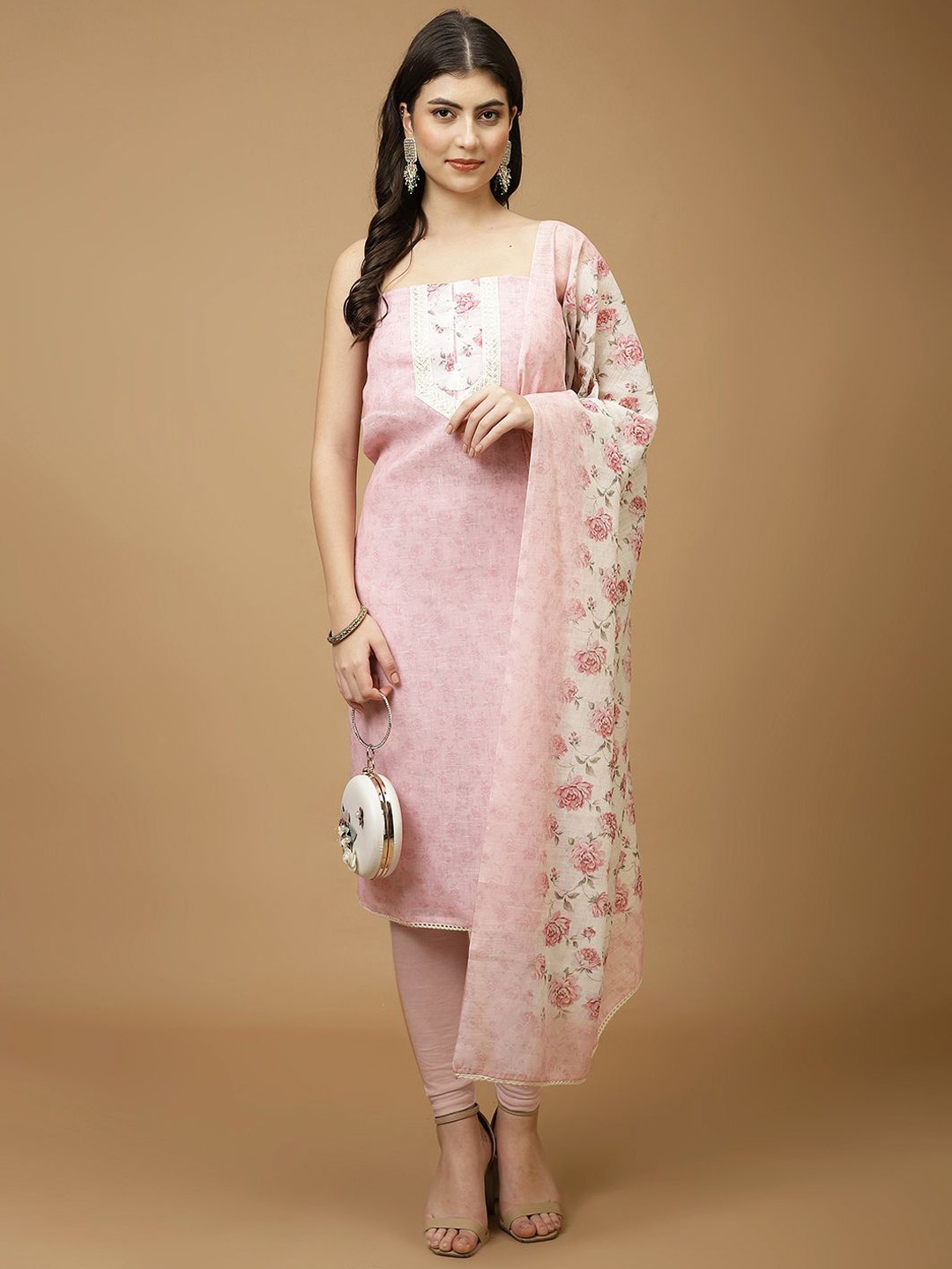 

Meena Bazaar Printed Unstitched Dress Material, Pink