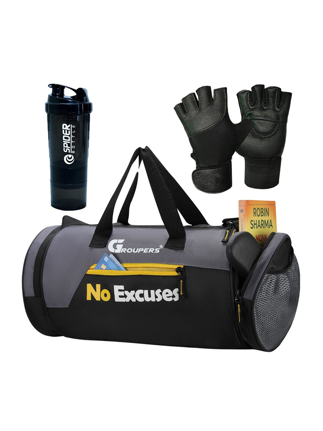 

GROUPERS Printed Medium Foldable Sports Duffel Bag With Gloves & Shaker Bottle, Black