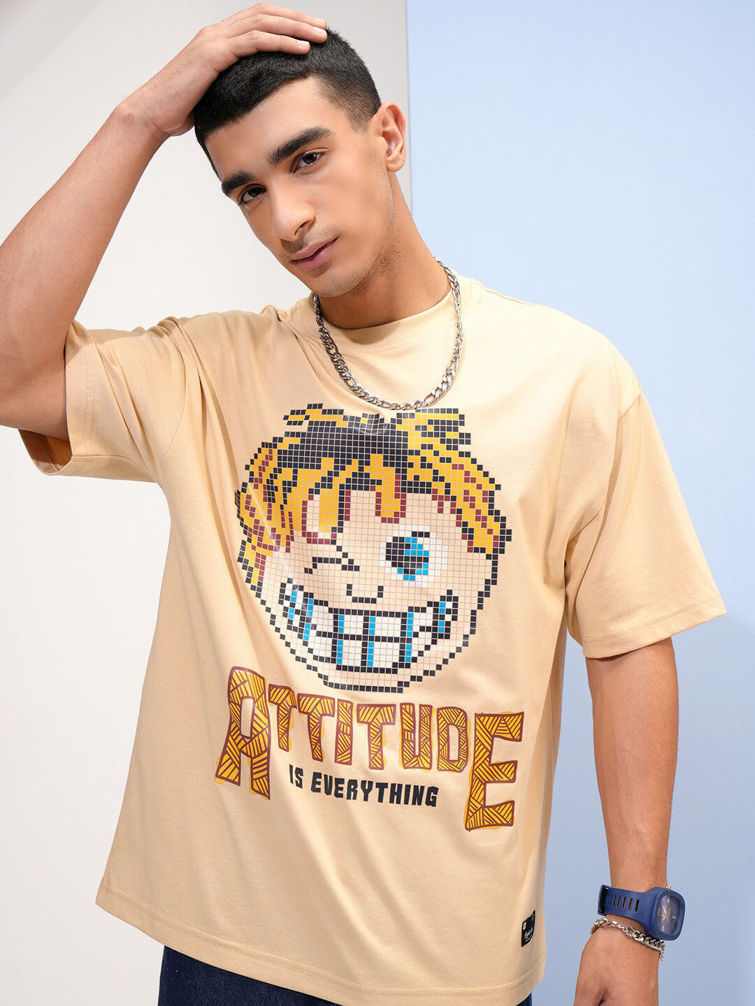 

HIGHLANDER Round Neck Graphic Printed Drop Shoulder Sleeves Cotton Oversized T-shirt, Beige