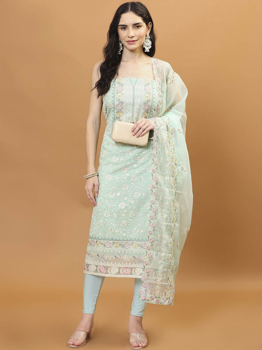 

Meena Bazaar Embroidered Organza Unstitched Dress Material, Sea green