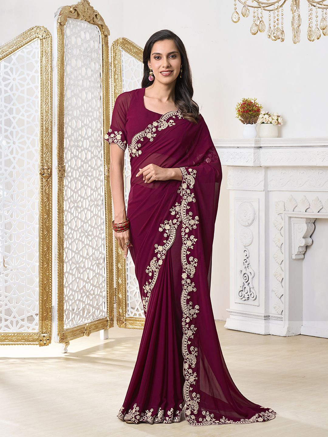 

Inddus Embroidered Poly Georgette Saree, Maroon