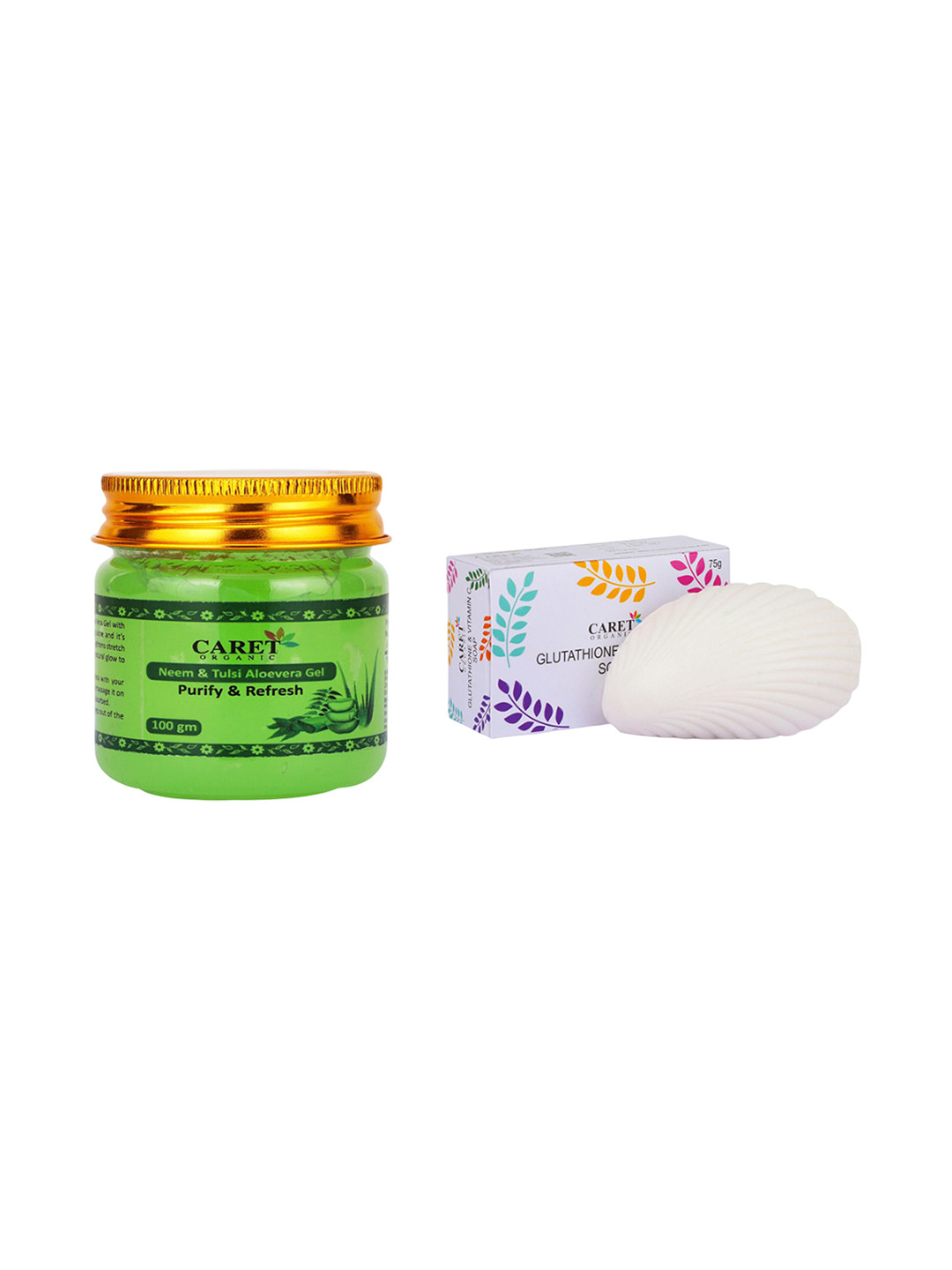 

CARET ORGANIC Set Of 2 Glutathione & Vitamin C Soap & Neem & Tulasi Aloevera Gel, White