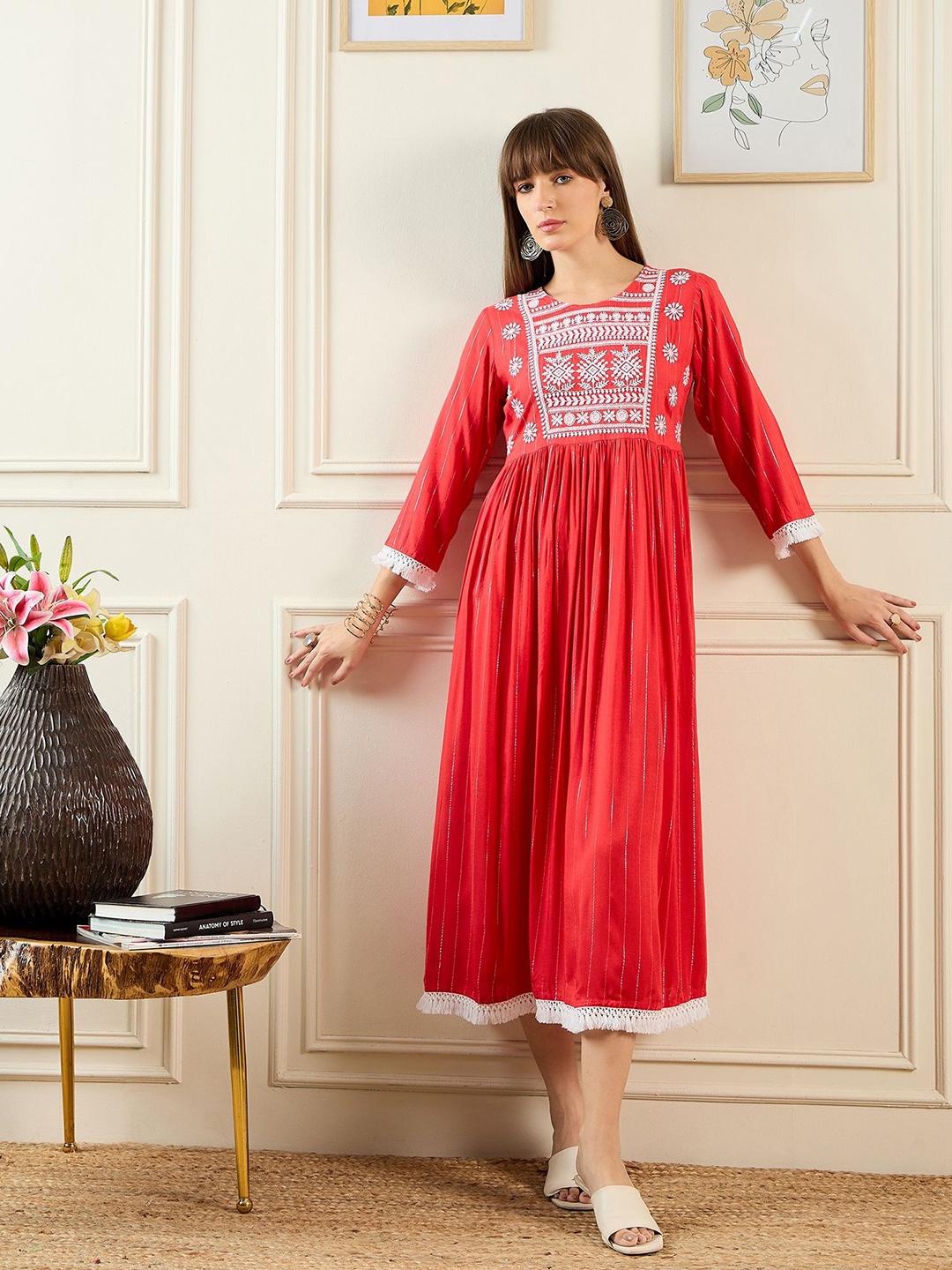 

Indo Era Embroidered A-Line Midi Dress, Red