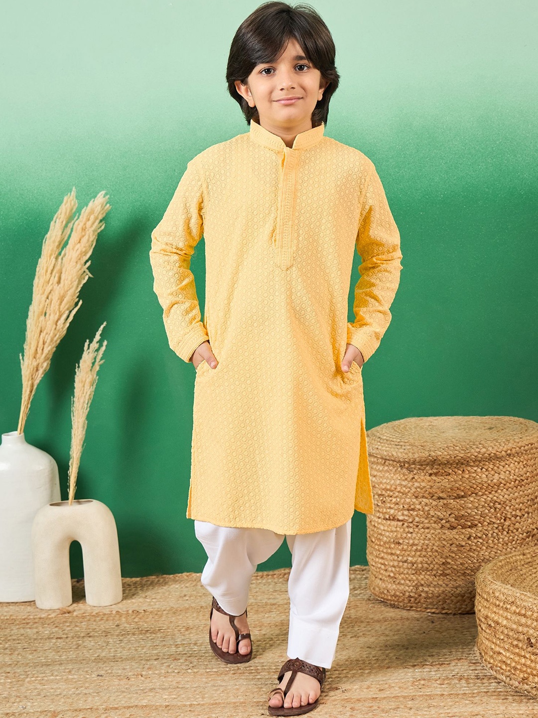 

Sangria Boys Chikankari Embroidered Cotton Kuta With Patiala, Yellow