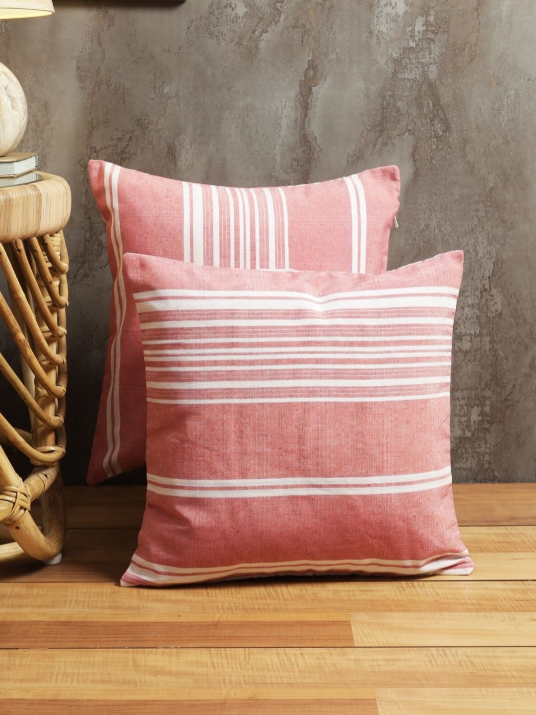 

Myntra Elegant Homes Pink & White 2 Pieces Striped Printed Square Cushion Covers