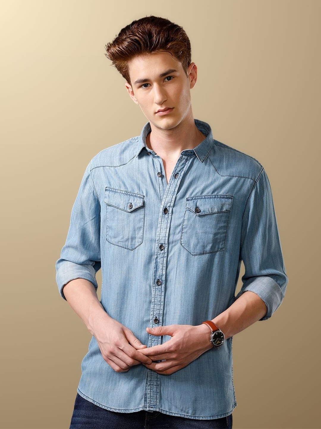 

TEMPLE OF DENIM Men India Slim Spread Collar Solid Denim Casual Shirt, Blue