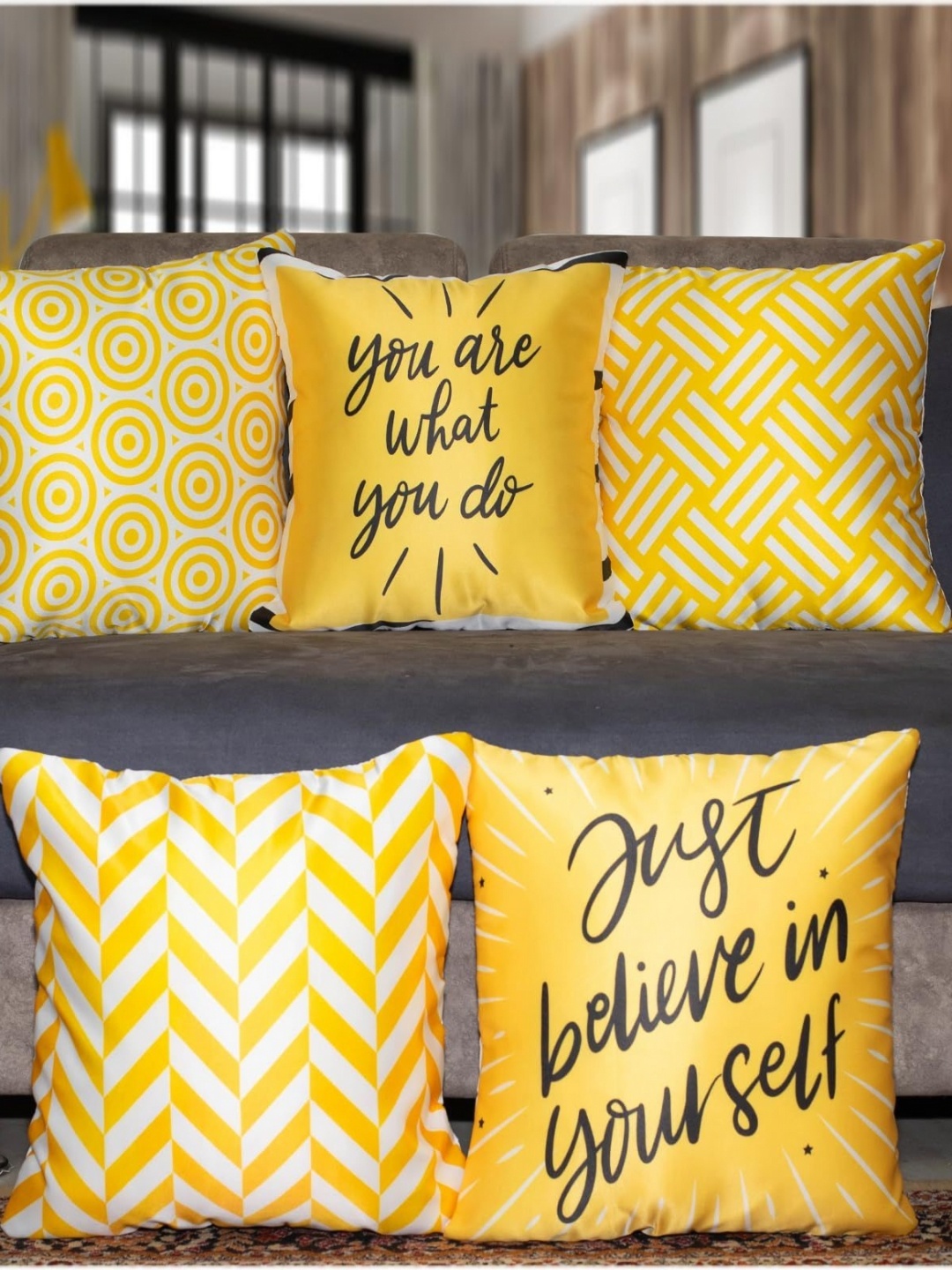 

Vendola Yellow & White Set of 5 Geometric Printed Satin Square Cushion Covers