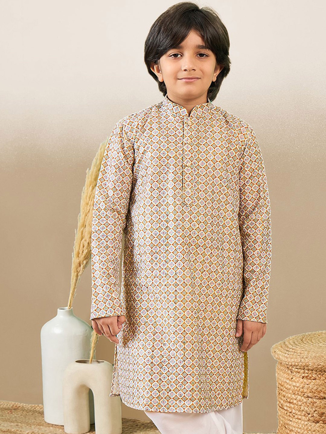 

Here&Now X Sanwara Boys Floral Printed Sequinned Cotton Kurta, Brown