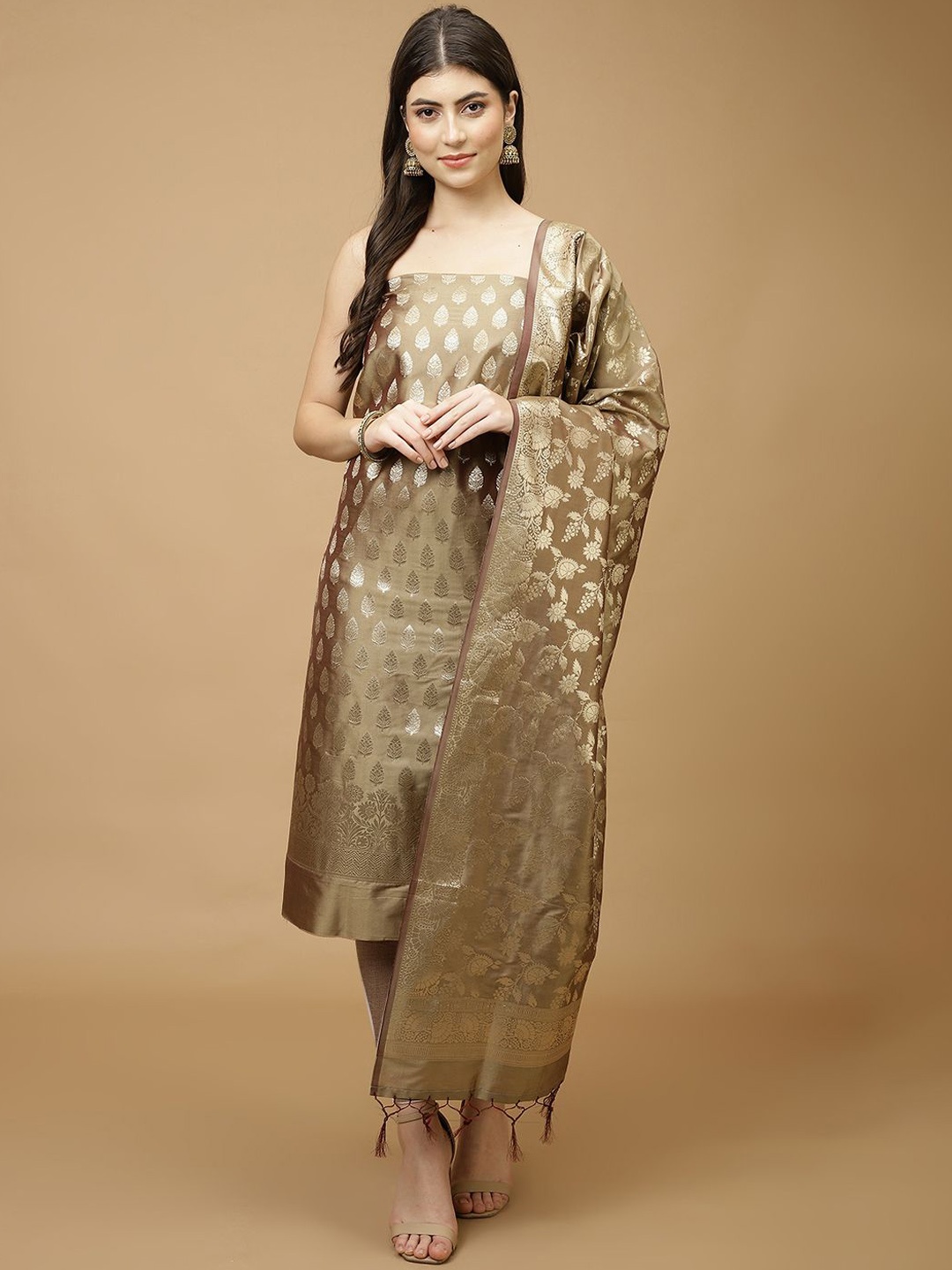 

Meena Bazaar Art Silk Unstitched Dress Material, Brown