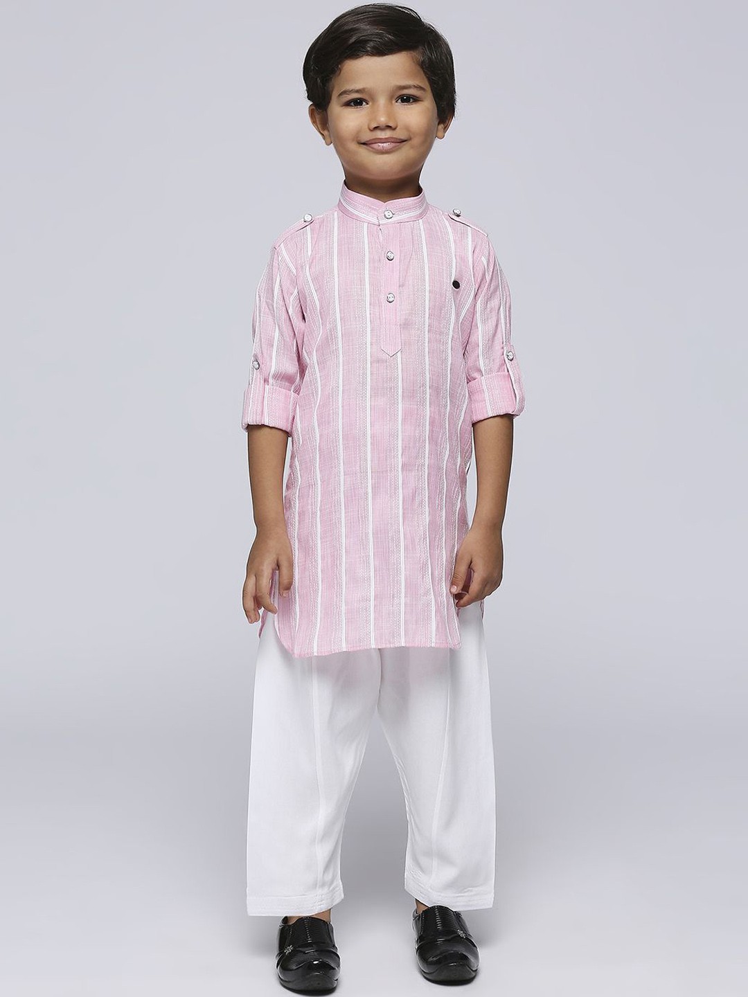 

YK Boys Striped Mandarin Collar Roll-Up Sleeves Pathani Kurta with Pyjamas, Pink