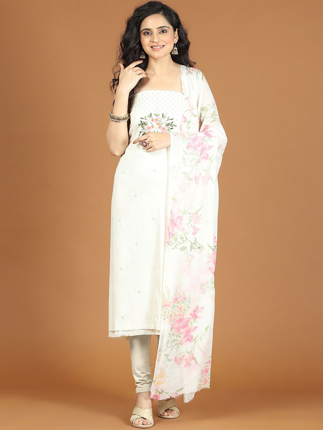 

Meena Bazaar Embroidered Unstitched Dress Material, Cream