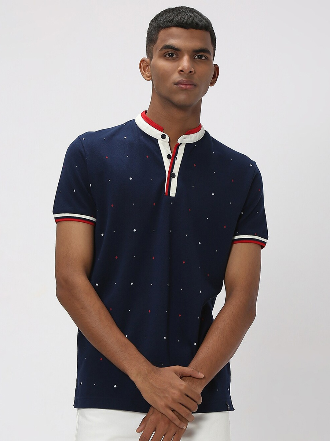

Mufti Geometric Printed Mandarin Collar Pure Cotton Slim Fit T-shirt, Navy blue