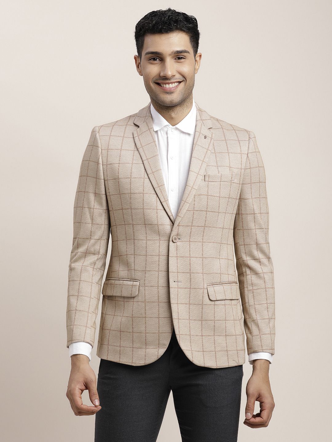 

Turtle Checkered Single-Breasted Formal Blazer, Beige