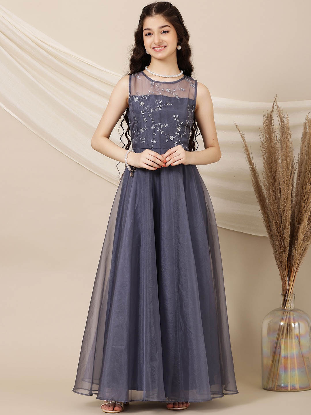 

Inddus Girls Thread and Sequinned Embroidered A-Line Ethnic Dresses, Grey