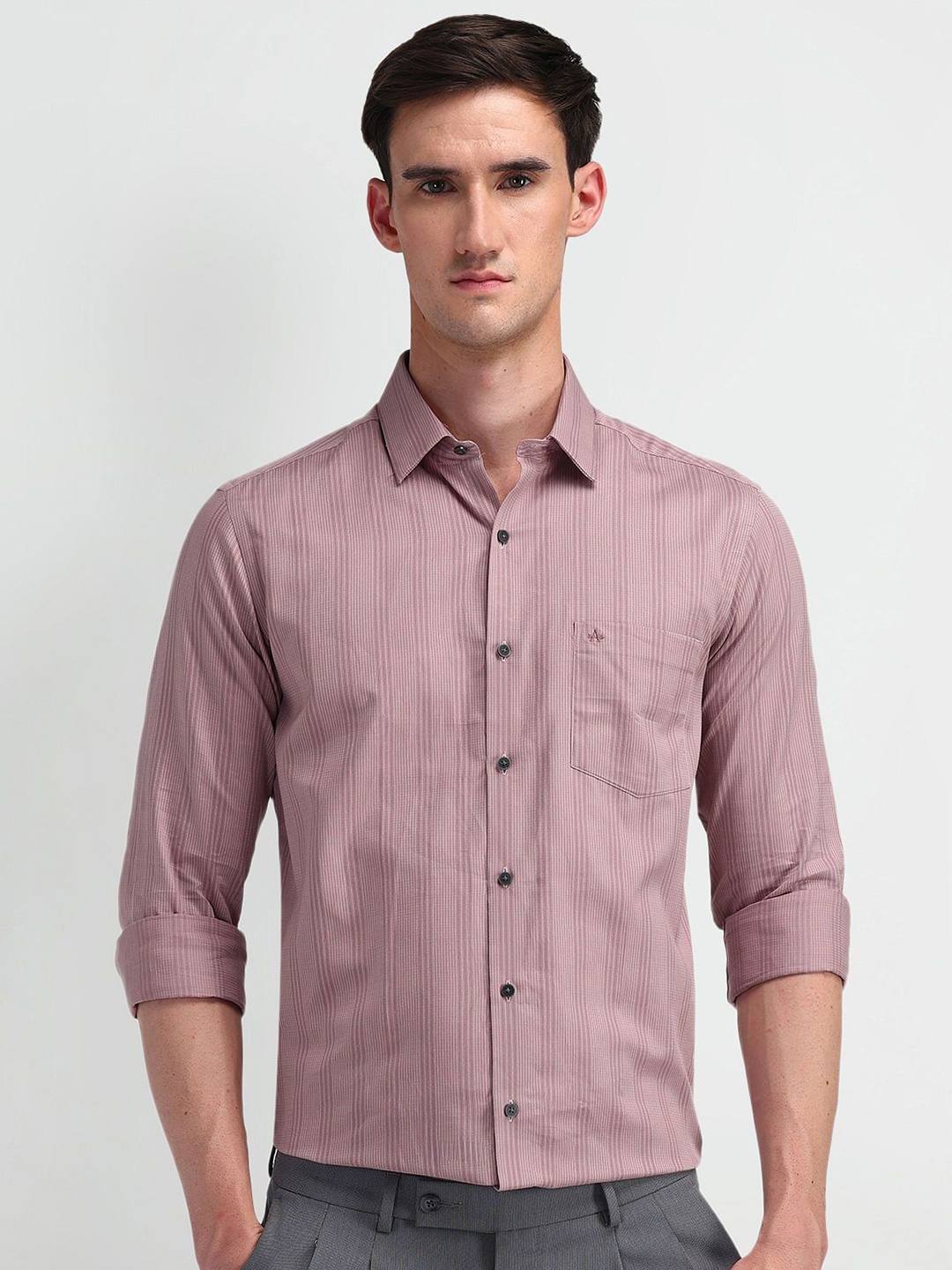 

Arrow Men Modern Slim Fit Opaque Striped Formal Shirt, Pink