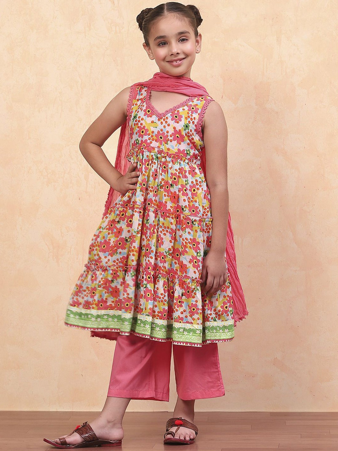 

Biba Girls Floral Printed Empire Pure Cotton Anarkali Kurta with Palazzos & Dupatta, Orange