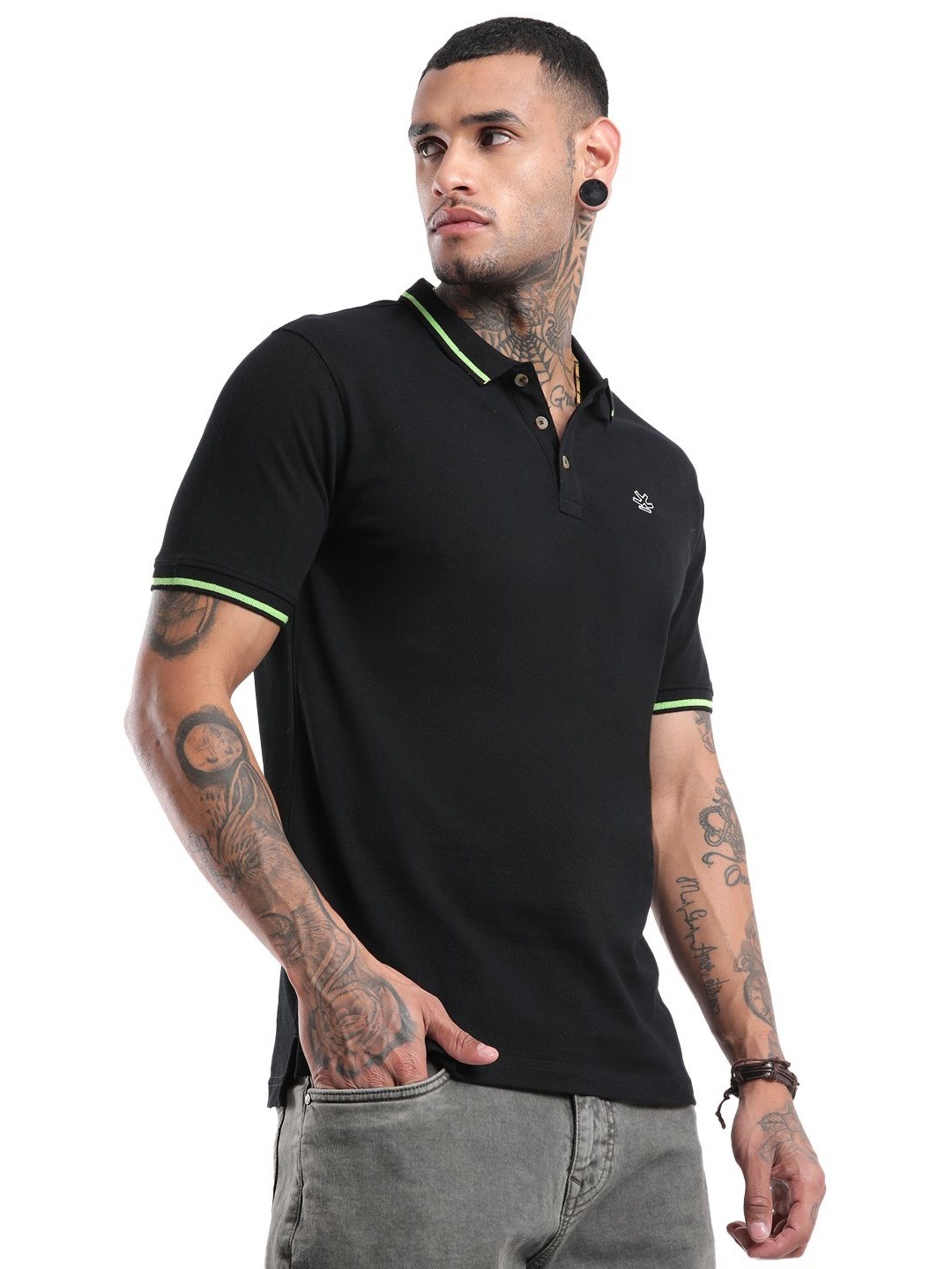 

WROGN Men Graphic Printed Polo Collar Pure Cotton Slim Fit T-shirt, Black