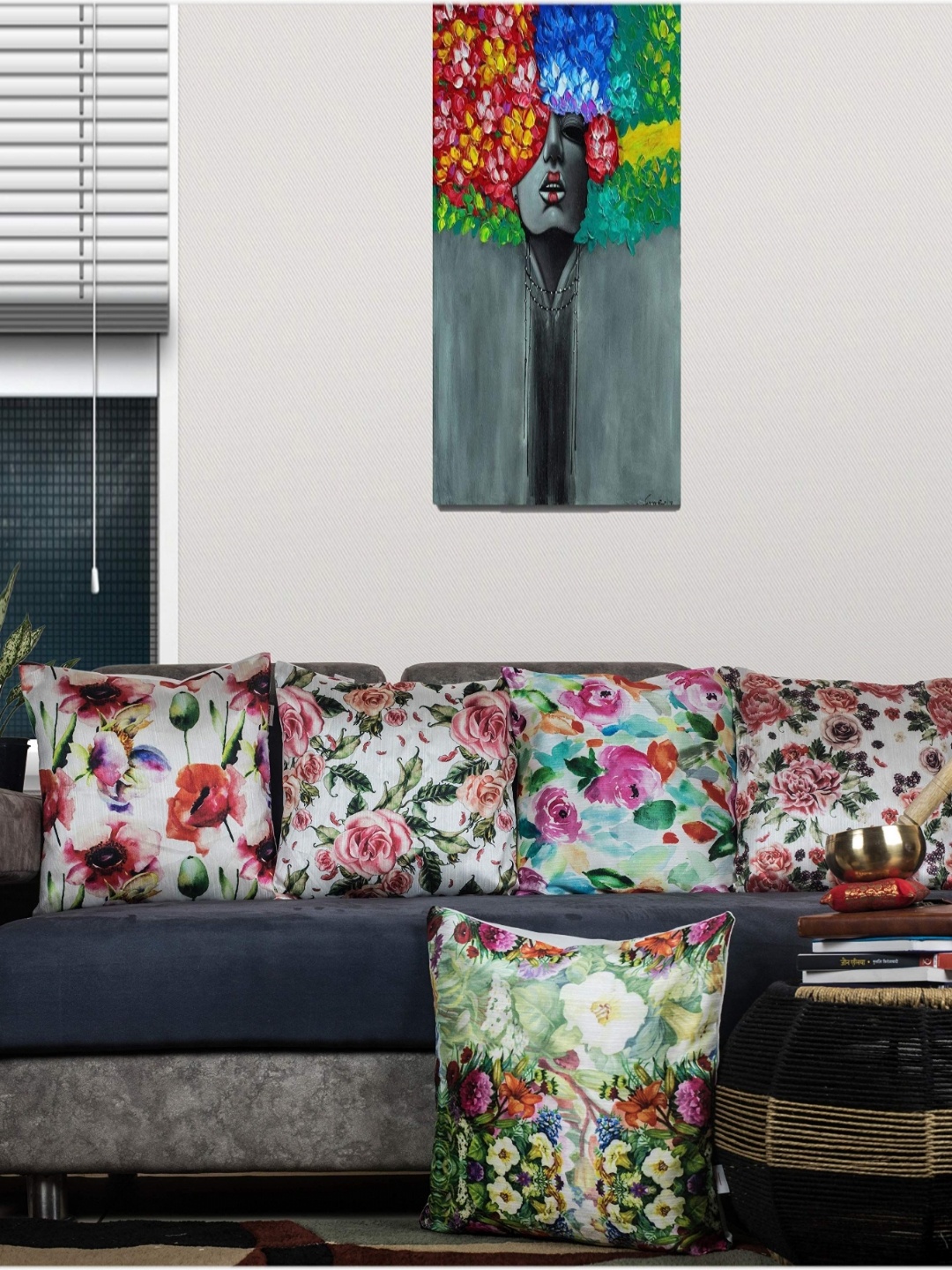 

Vendola White & Green 5 Pieces Floral Printed Satin Square Cushion Covers