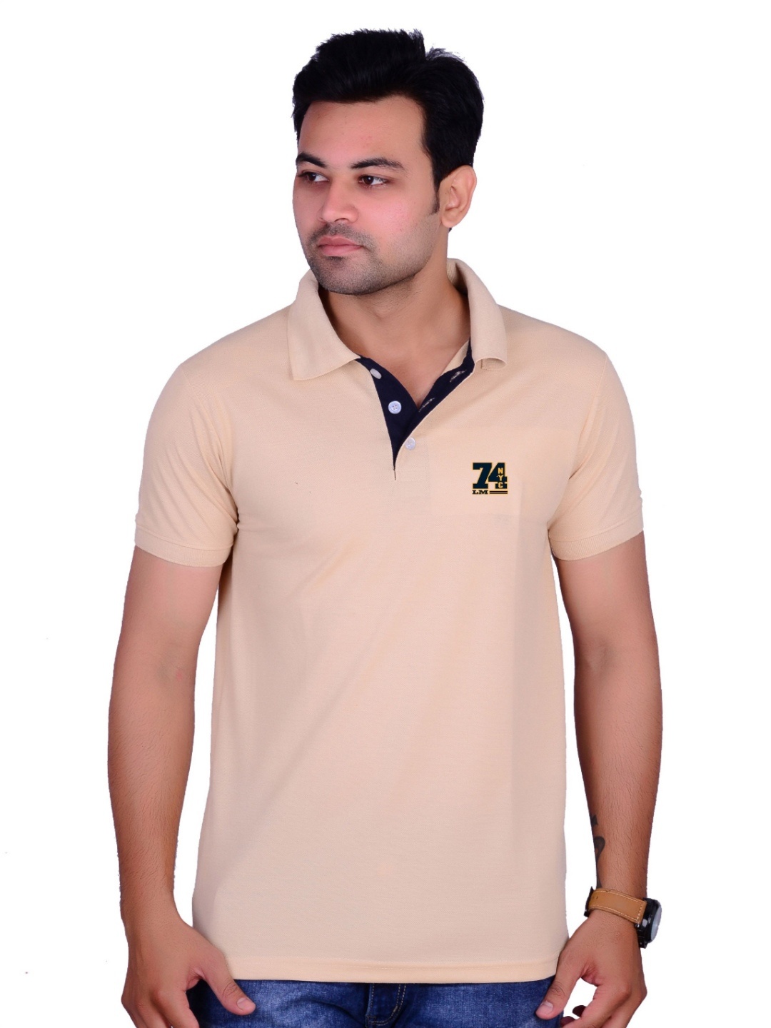 

LA MILANO Men Polo Collar Applique Slim Fit T-shirt, Cream