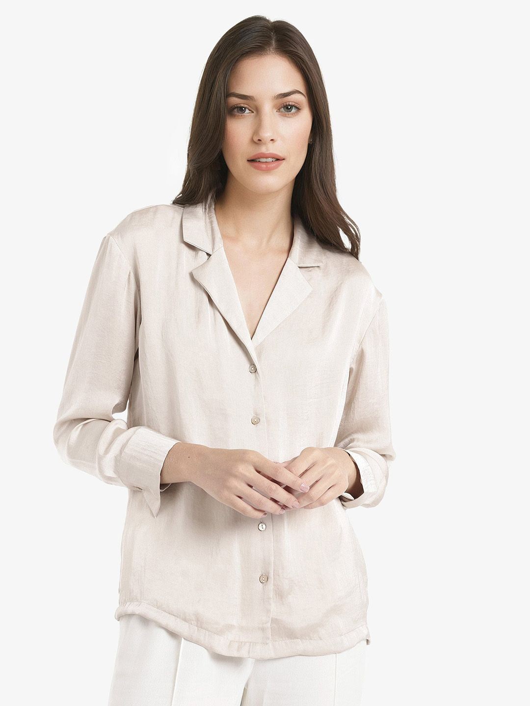 

RAREISM Women Solid Lapel Collar Top, Beige