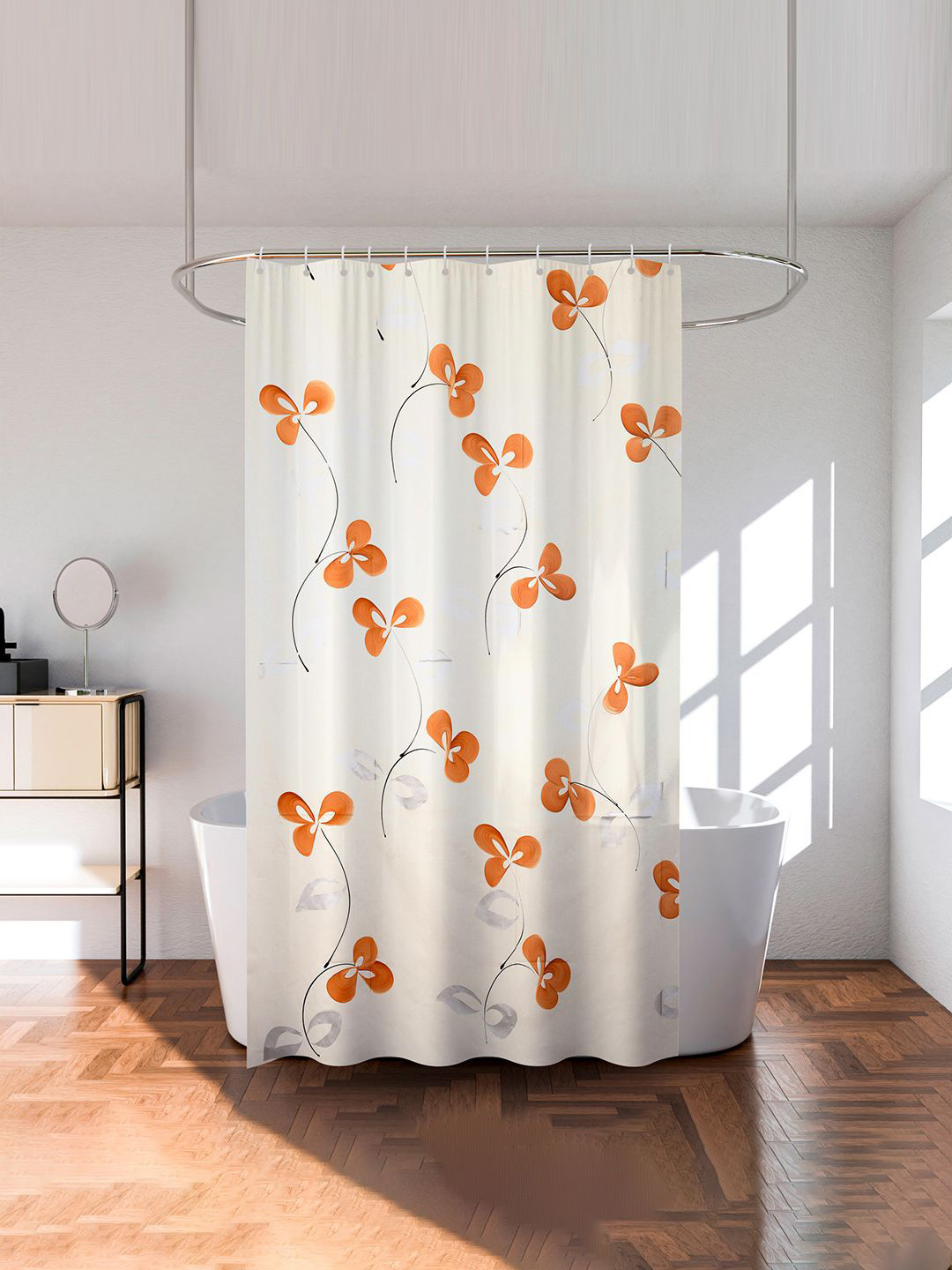 

Kuber Industries White & Orange Printed Shower Curtains With Rings