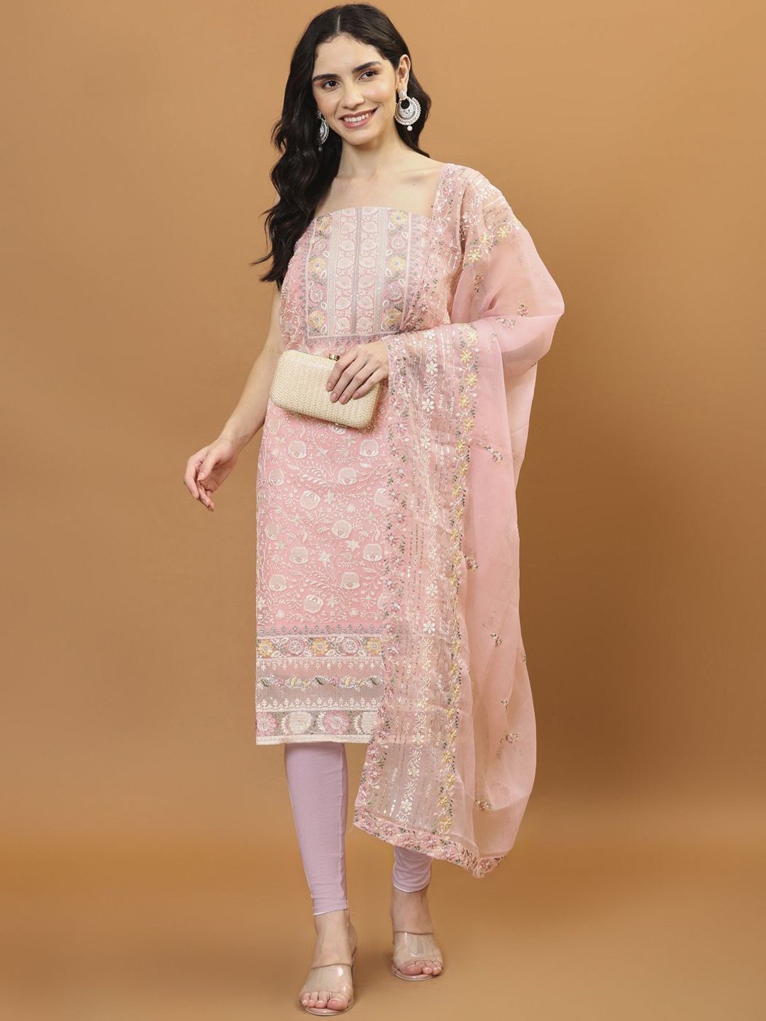 

Meena Bazaar Embroidered Organza Unstitched Dress Material, Peach