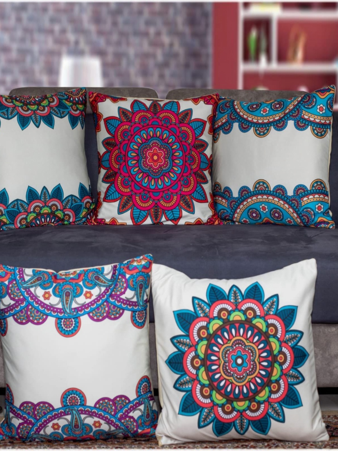 

Vendola White & Blue 5 Pieces Ethnic Motifs Printed Satin Square Cushion Covers