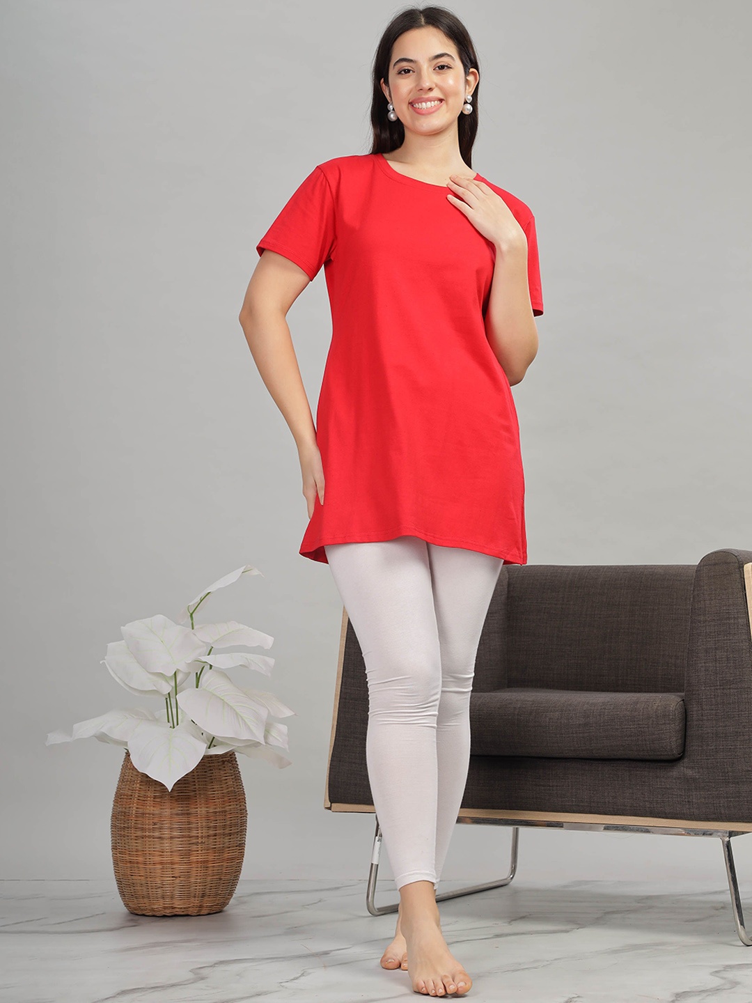 

9shines Label Round Neck Cotton Lounge T-shirts, Red