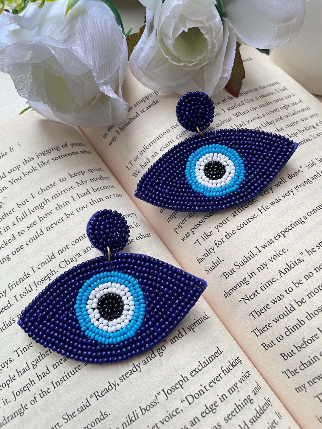 

ISHKAARA Evil Eye Nazar Beaded Drop Earrings, Blue