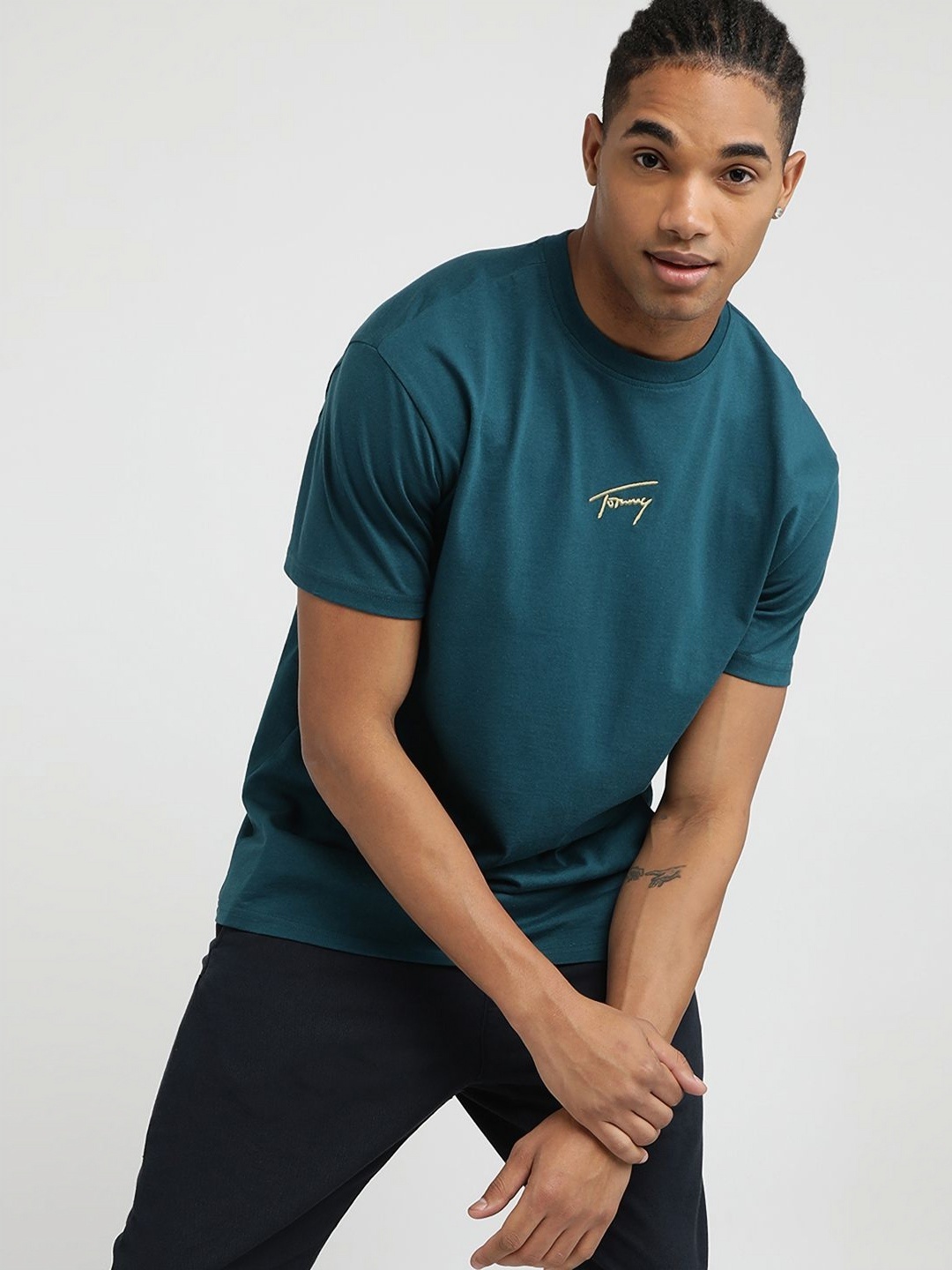 

Tommy Hilfiger Men Typography Printed Round Neck Cotton T-shirt, Green