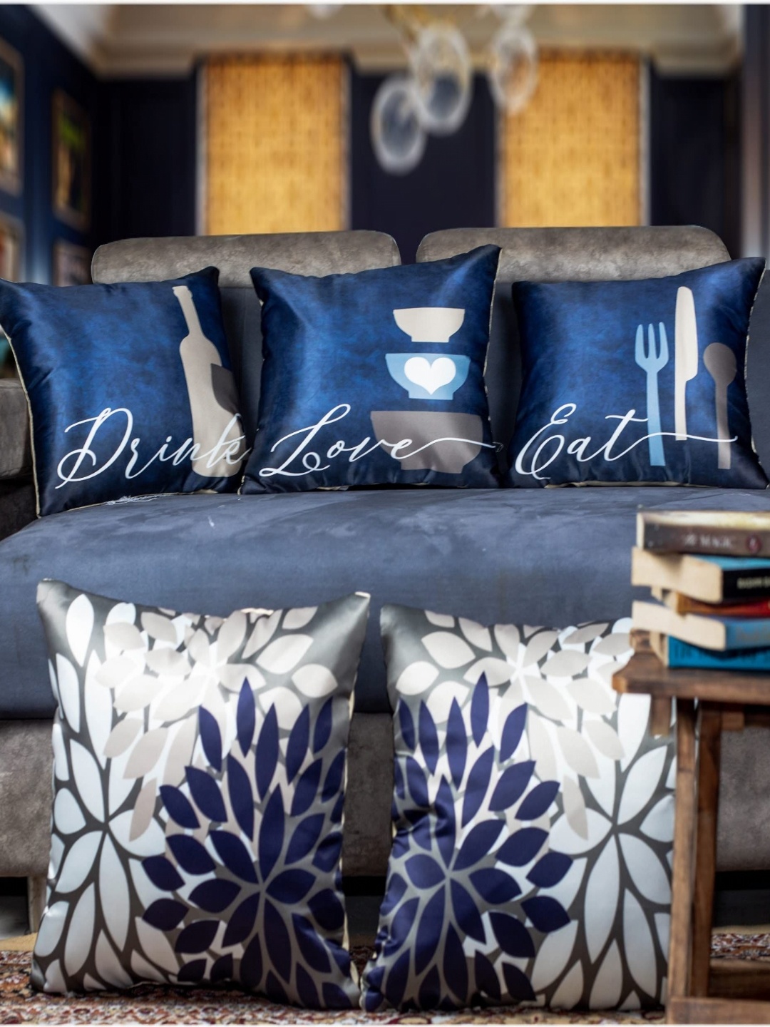 

Vendola Navy Blue & White 5 Pieces Abstract Printed Satin Square Cushion Covers